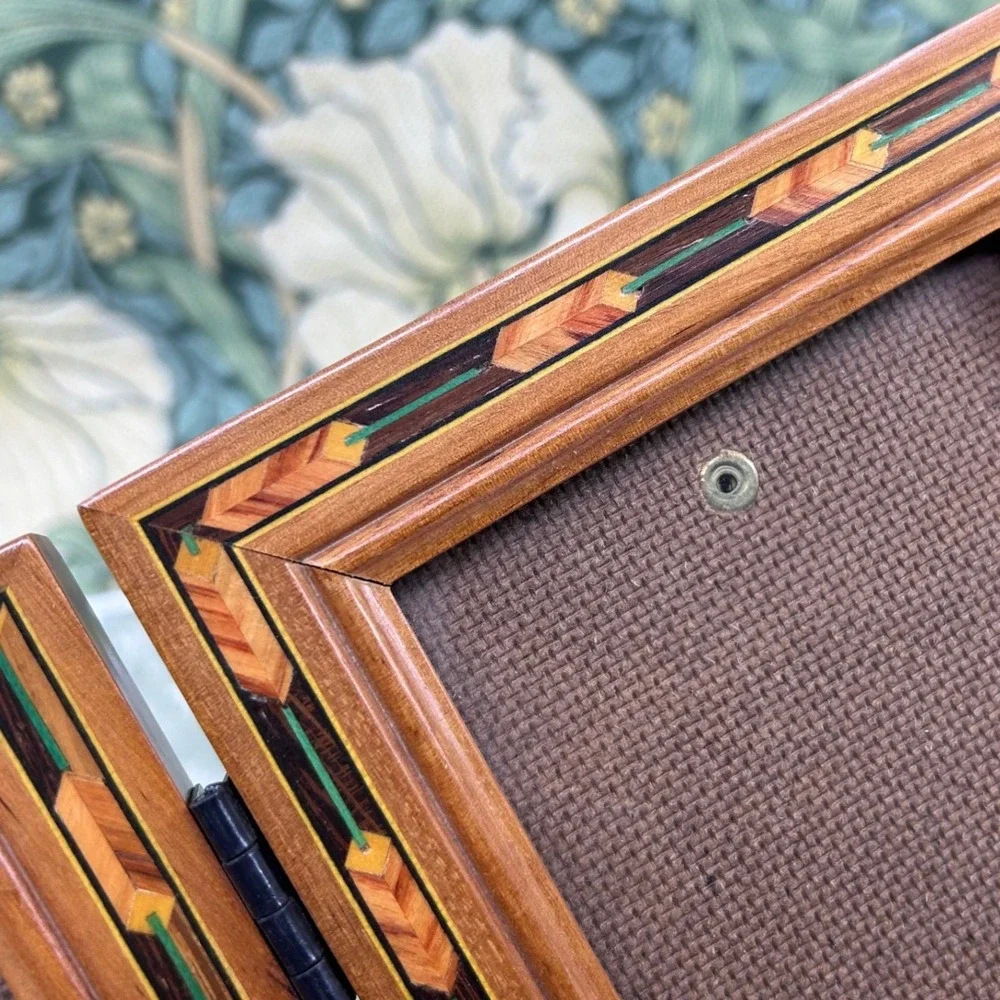 Vintage Wood Inlay Fetco Marquetry Double Frame Standing Wooden
